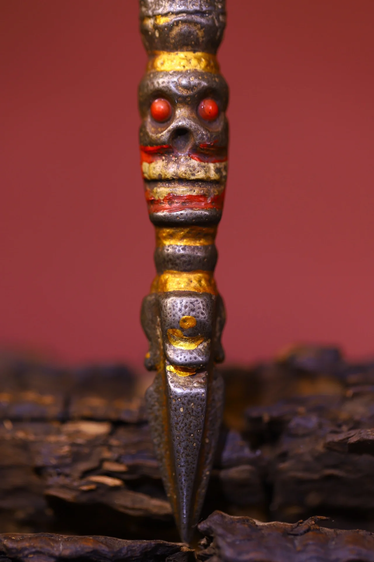 

4"Tibetan Temple Collection Old Tiantie Mosaic Gem Cinnabar Skull Head Dorje Vajra Phurpa Pendant Amulet Dharma Worship Hall