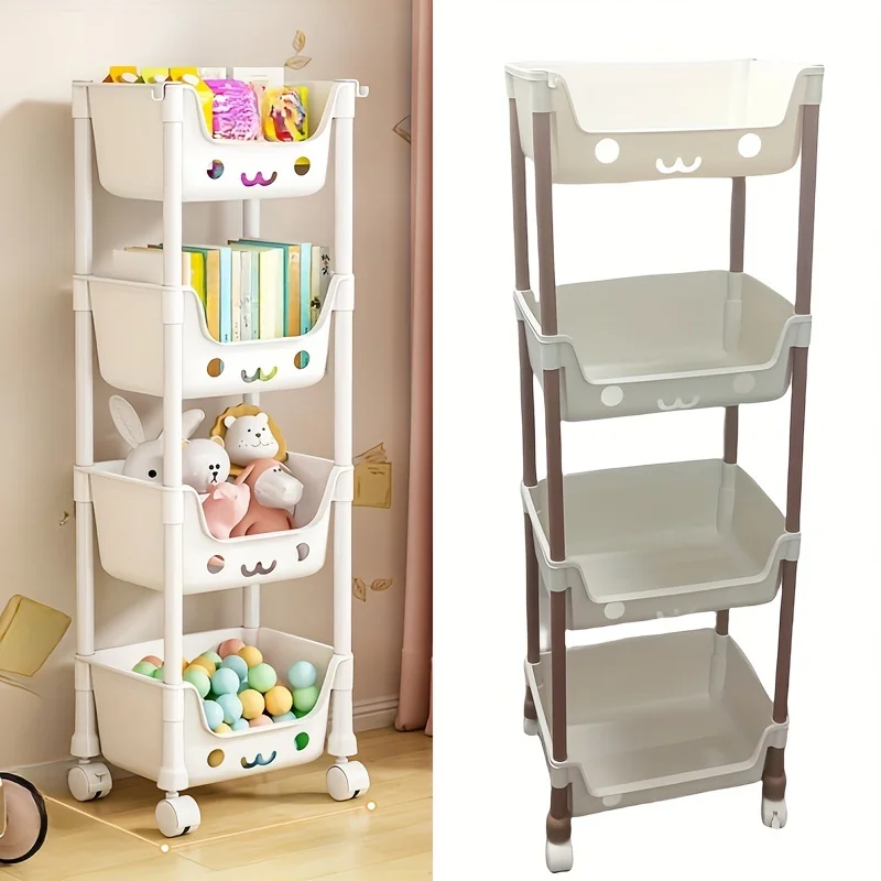 

Многоуровневая (4-ярусная) белая пластиковая тележка-стеллаж на колесиках для хранения, мобильный органайзер для кухни и ванной, полка для небольших пространств и узких зон