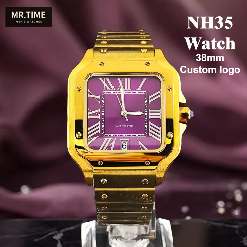 New NH35 Square Watch Gold Watch Purple Dial with Date Men's Watch Customized Logo Roman Dial NH35 Movement Watch
