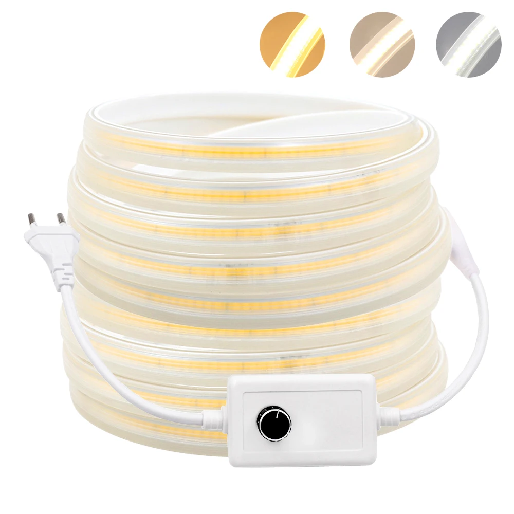 220V COB Led Strip Light Dimmable Linear Lighting 288LED/m Adjustable Brightnes Flexible LED Lamp With Switch Dimmer Power Kit