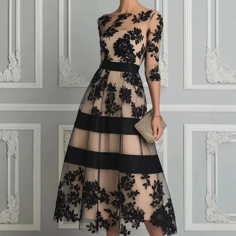 Vintage Schwarzes Blumen-Spitzen-Tüll-Midikleid für Damen, O-Ausschnitt, 3/4-Ärmel, Taillengürtel, A-Linie, Abendkleid, Hochzeitsgast, formelle Kleider