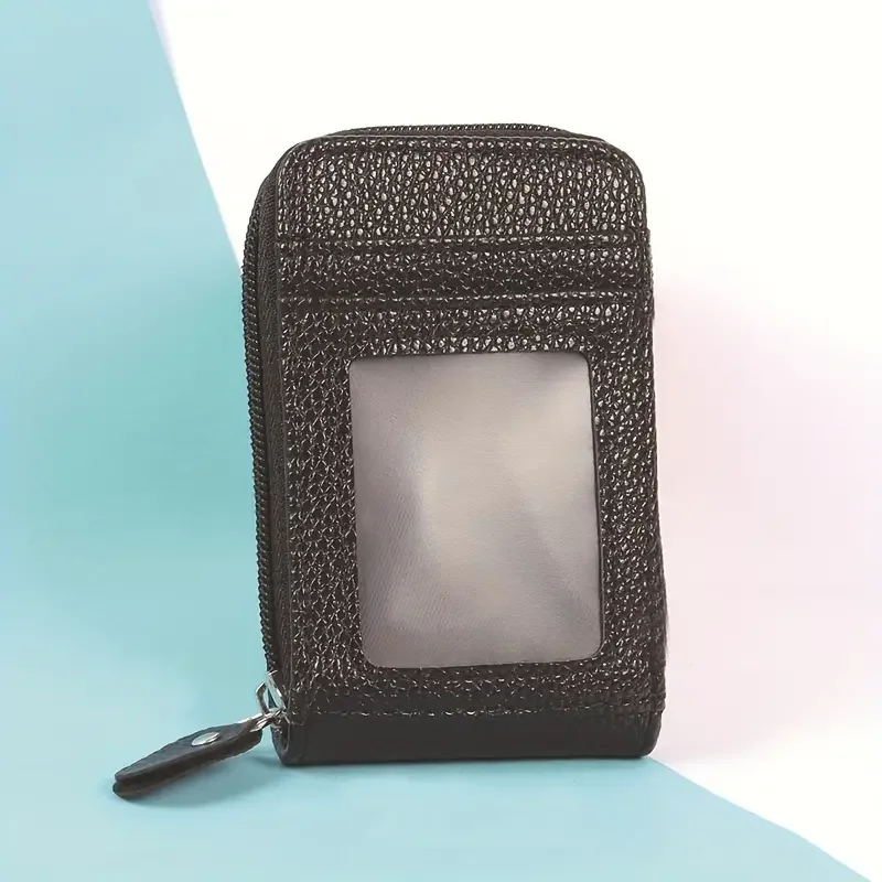 Mini RFID Blocking Card Holder Wallet with Zipper Closure - Multiple Card Slots, Clear Window, Polyester Lining, Faux Leather