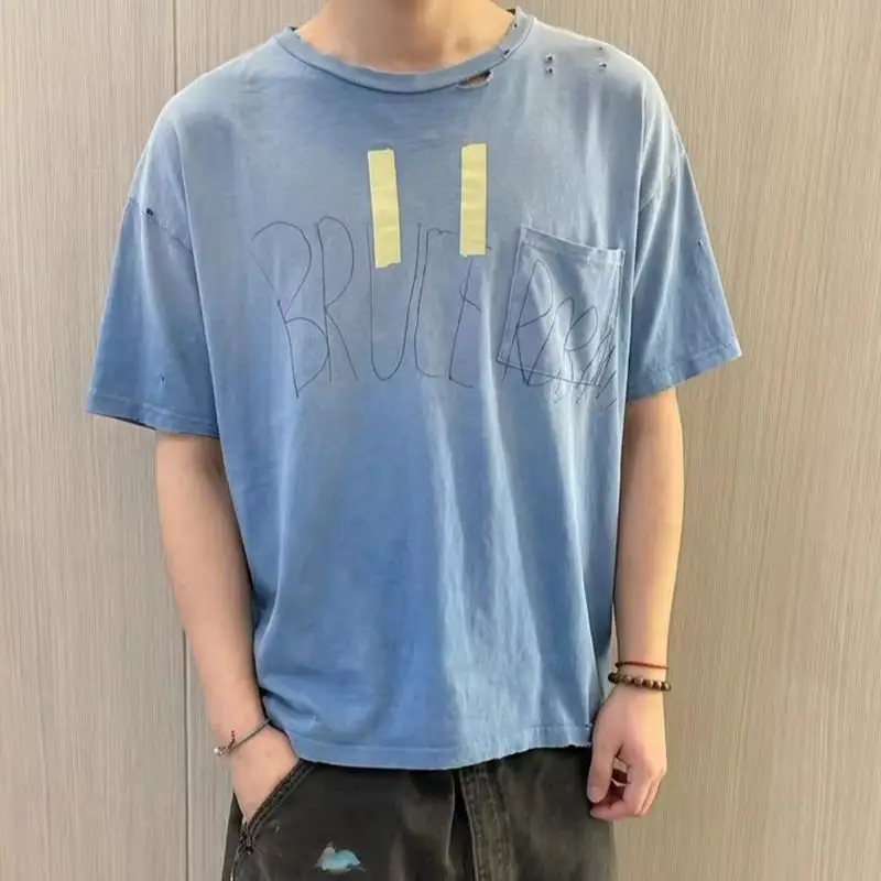 Washing Blue Retro Hole Style Cotton T‑shirt Oversized O‑Neck Paly Short Sleeve Tee For Men Women