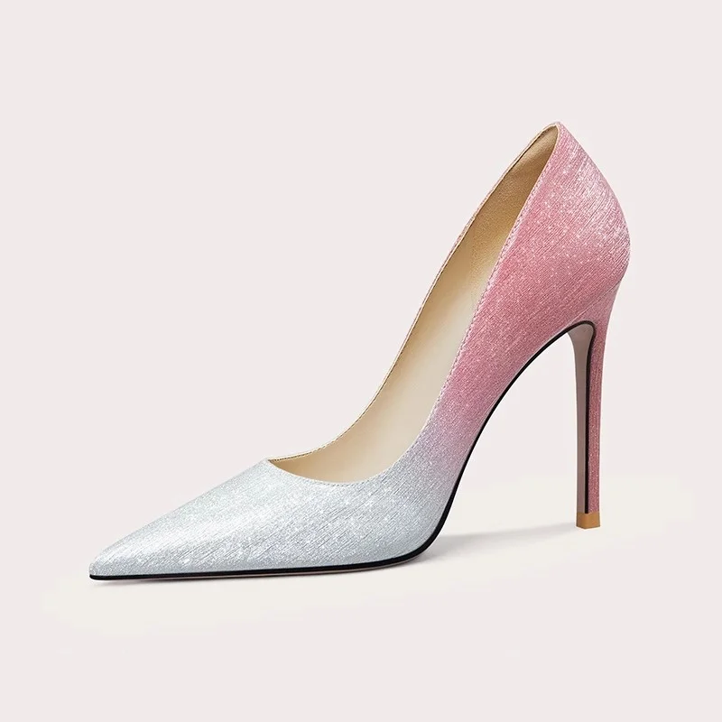 

Spring new pointed color contrast sequins square heel wedding shoes stiletto banquet dress large size small size women's shoes