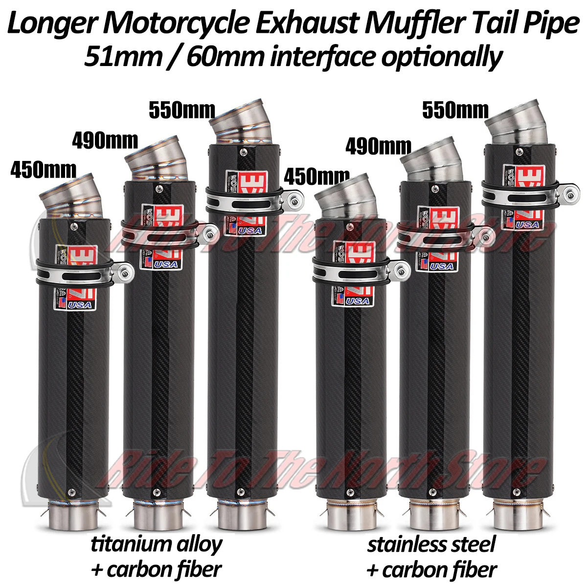 550mm-450mm Titaniium Alloy Carbon fiber Yoshi Exhaust Muffler Escape for Motorcycle Exhaust Tail Pipe 51mm-60mm Inlet Universal
