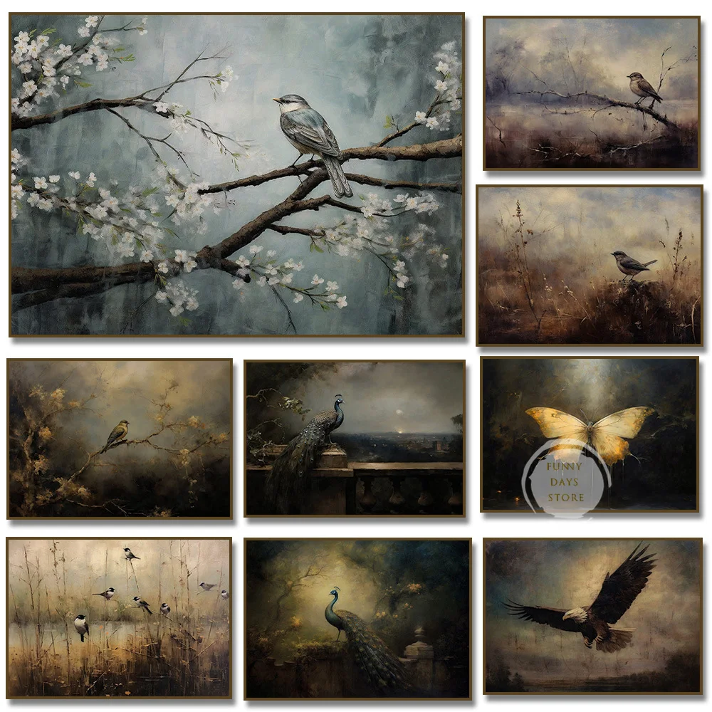 Dark Academy Birds Raven Owl Butterfly Peacock Flower Poster Prints Animal Canvas Painting Wall Art for Living Room Home Decor