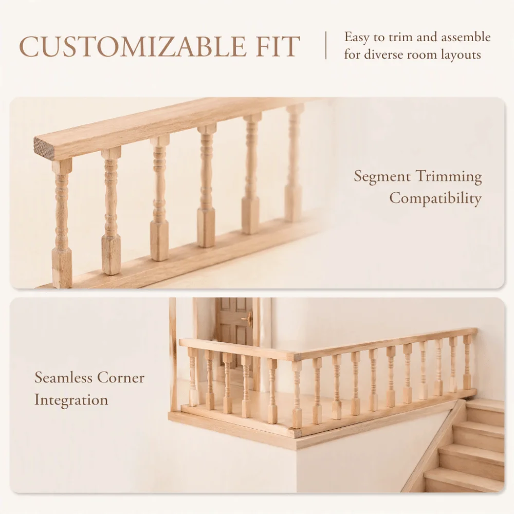 2pcs Wood Dollhouse Railing Trimable Lightweight Dollhouse Balustrade Kit Turned Spindles Unpainted Surface Birch Wood Railing