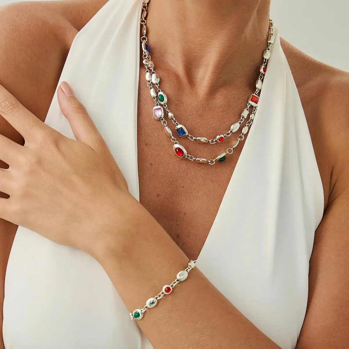 

Ingemark Boho Colorful Acrylic Drill Necklace Bracelet Set Women Trendy Exquiste Luxury Clavicle Chain Couple Party Jewelry Gift