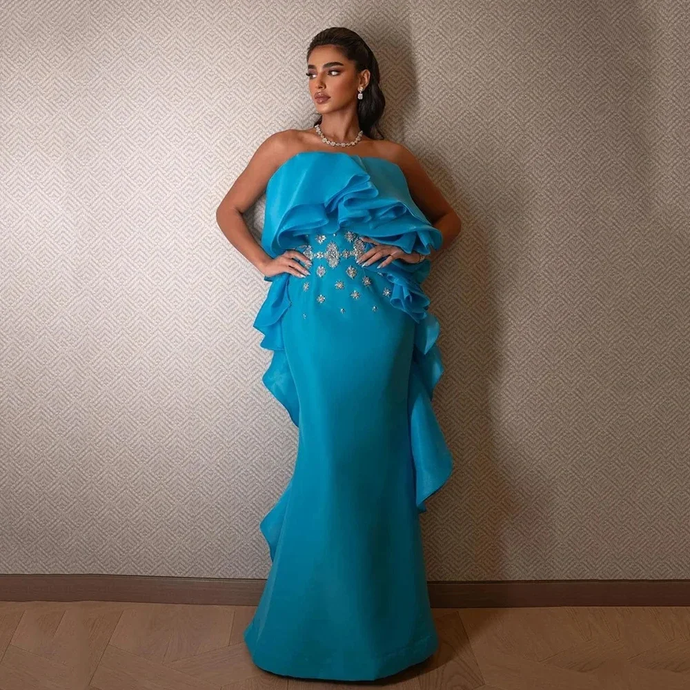 Customized Elegant Mermaid Prom Dress Sexy Strapless Ruffle Party Evening Gown Floor Length Saudi Special Occasion Gow