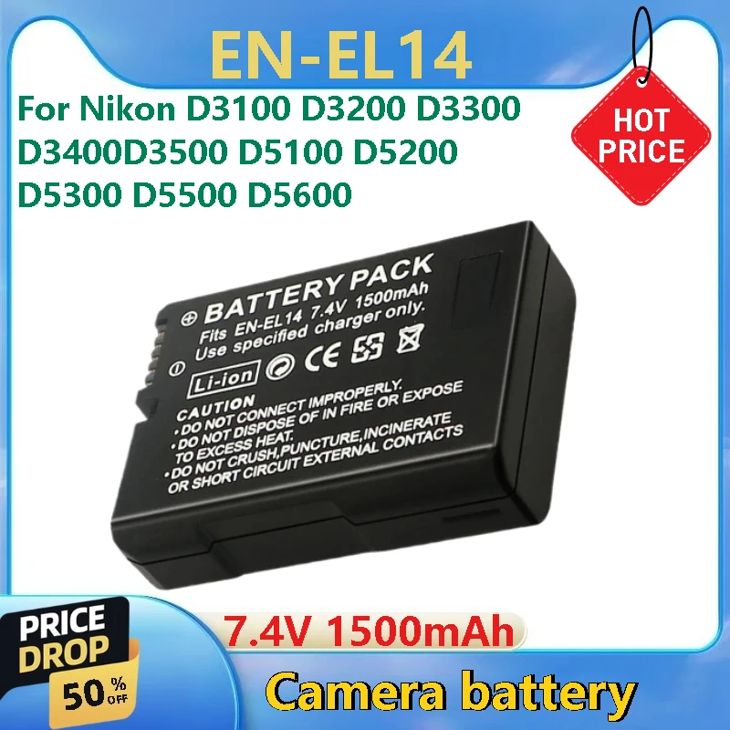 

Brand New Replacement Camera Battery for Nikon D3100 D3200 D3300 D3400 D3500 D5100 D5200 D5300 D5500 D5600 7.4V 1500mAh EN-EL14