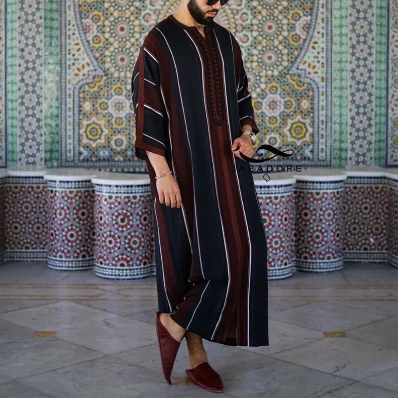 Mens Loose Arabic Black Thin Striped Print Muslim Robe