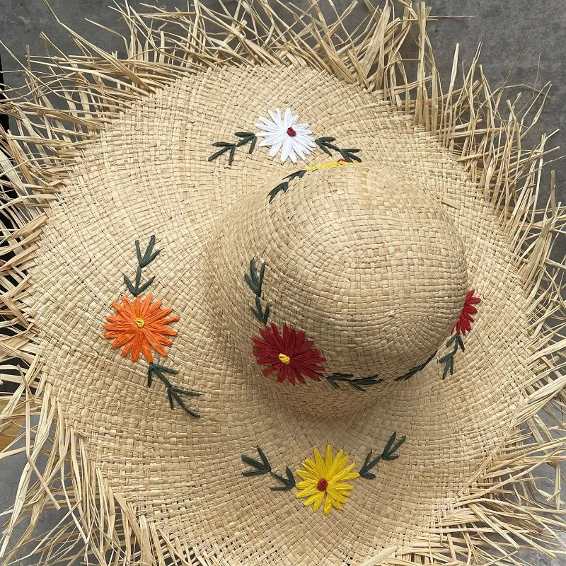 Women's Summer Embroidered Raffia Wide Brim Raw Edge Straw Beach Sun Protection Hat