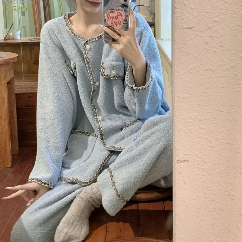 

Small Fragrant Wind Coral Velvet Pajamas Women Autumn Winter Thick Warm Flannel Casual Home Wear Two Sets Can Be Worn Outside