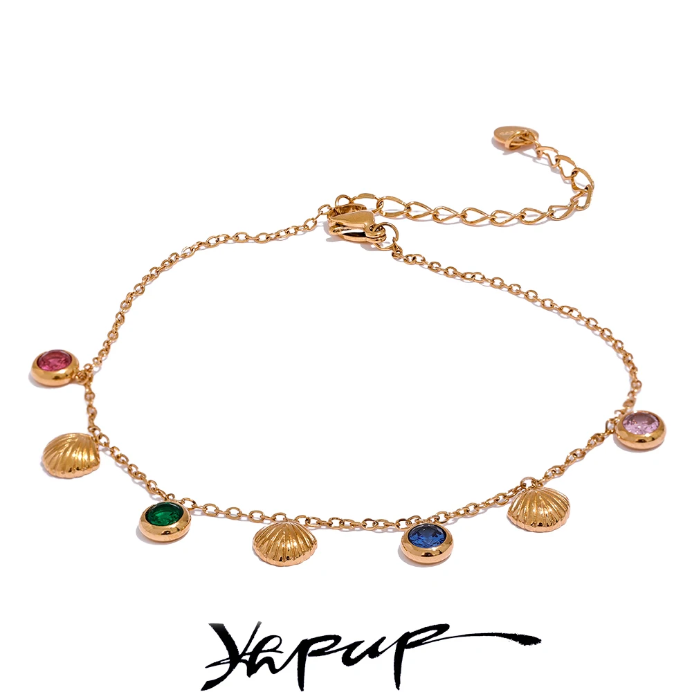Yhpup Bunte Glänzende Zirkonia Shell Edelstahl Sommer Fußkettchen Mode Trendy Fuß Kette Schmuck für Frauen Bijoux Femme
