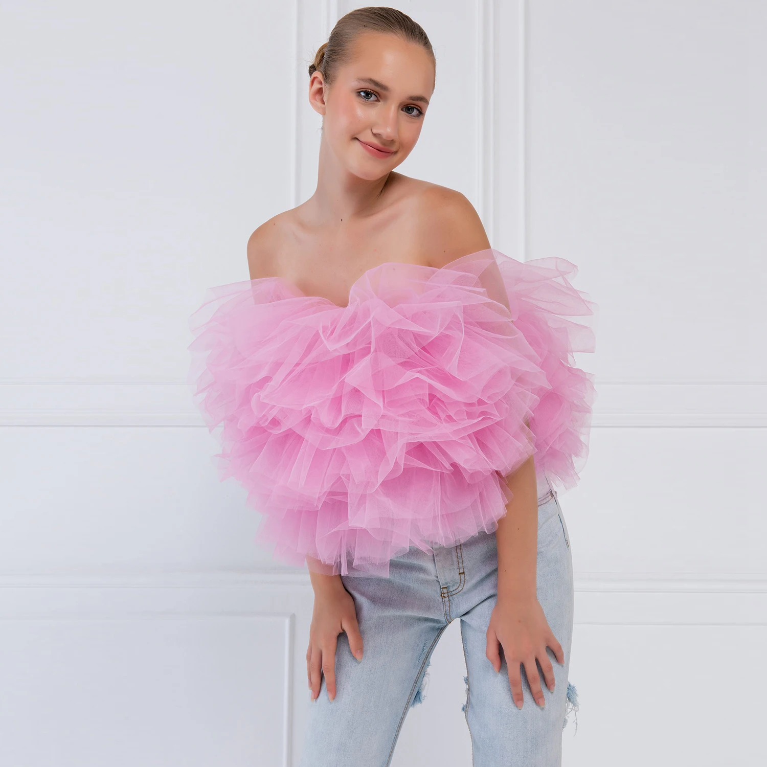 Pink Tulle Tube Top Sexy Ruffles Strapless Women Puffy Tulle Tops Zipper Back Short Shirt For Party Women Clothes Cheap 2022