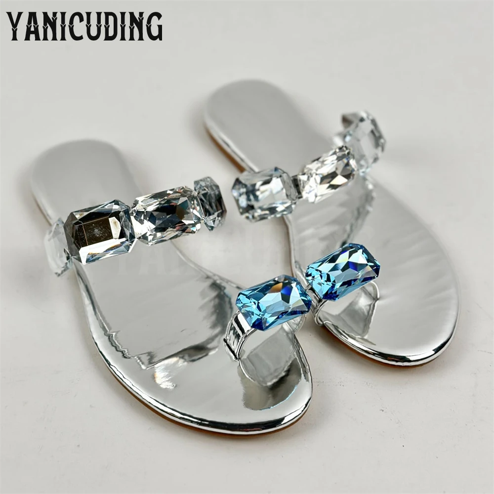متعدد الألوان كريستال نعال مسطحة الفضة براءات الاختراع والجلود الوجه يتخبط الفاخرة الياقوت الفضة حجر الراين الشقق النساء شبشب صيفي #2