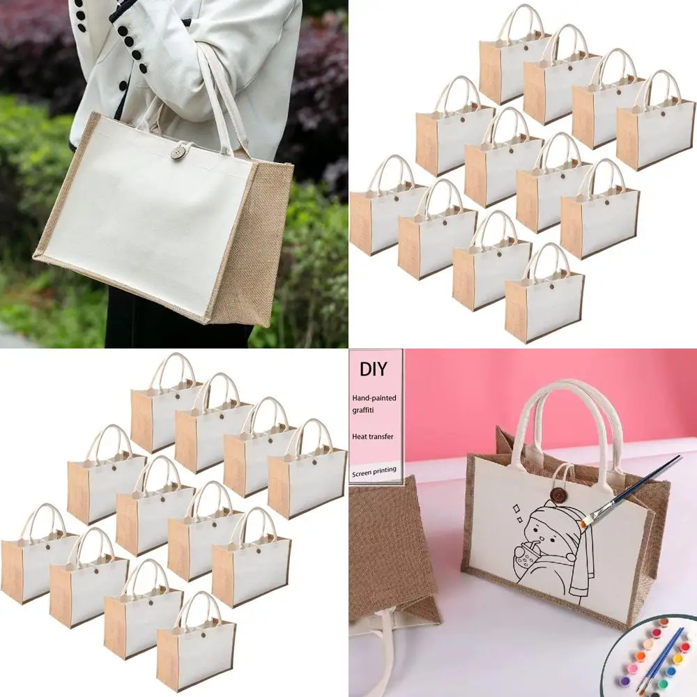 

Набор из 12 джутовых сумок-тоутов - мешковины из мешковины с дноем из джута, размером 14,5 x 10,7 x 6,5 дюймов, с кнопкой и ручкой, для путешествий, покупок, свадеб, художественных работ и рукоделия.