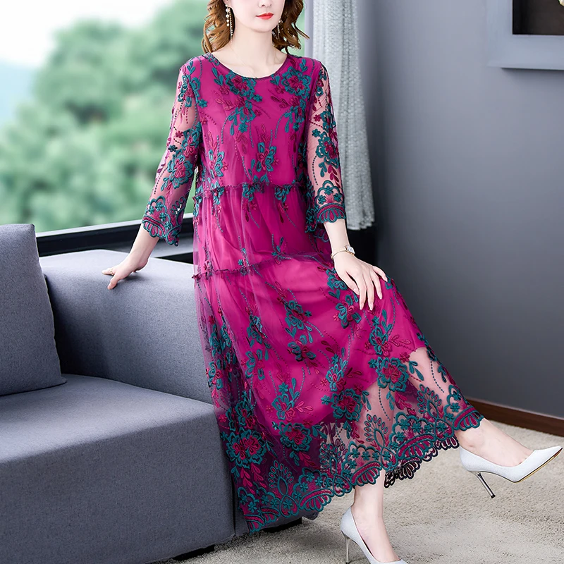 

2024 Women Spring Summer Dress Retro Court Style Embroidered High Dress Round Neck Slim Fashion Luxury Dress Feminine Dress