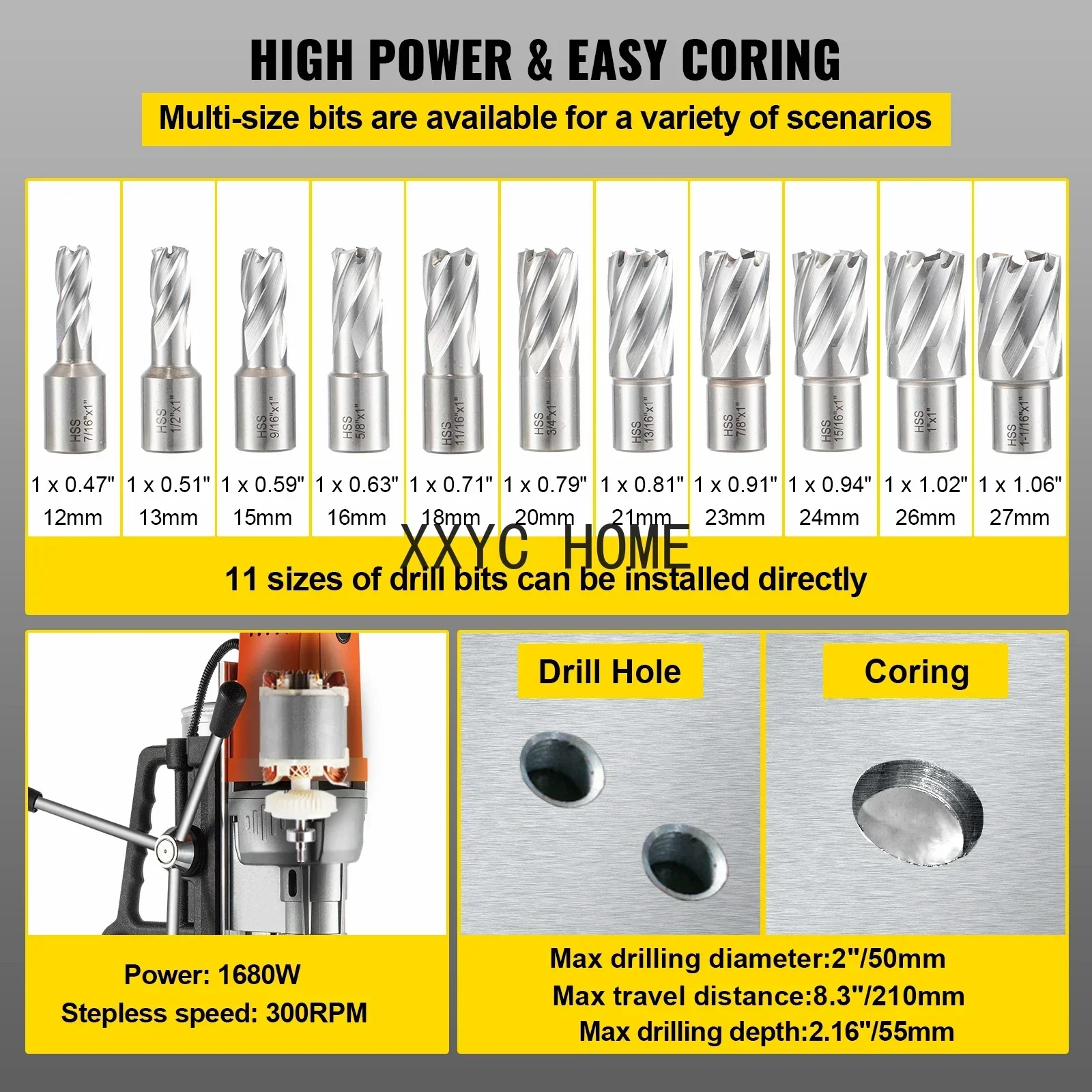 TAO MD50 50mm Magnetic Drill Press Kit 1680W Electric Bench Drilling Machine 2900LBS Magnet Force with HSS Annular Cutter Bits