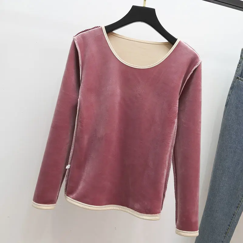 Winter Warm  Round Neck T-Shirt Thick Fleece Thermal Underwear Long Sleeve Basic Solid Warm Autumn Bottomed Blouse