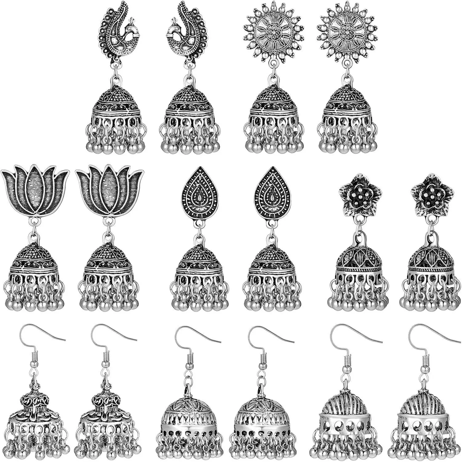 

8 Pairs/Set Vintage Earrings Indian Ethnic Style Antique Alloy Carved Beads Tassel Dangle Earrings Women's Party Accessories
