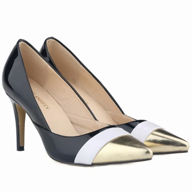 Women High Heels Commuting Pointed Toe Shallow Mouth Fashion Single Shoes Leather Splicing Party Dress Wedding Shoes Big Size 42