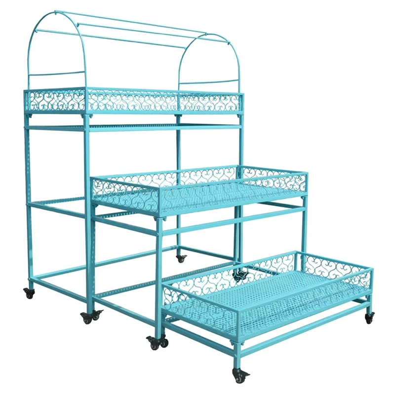 Étagère à fleurs succulentes, balcon multicouche en fer forgé du sol au plafond, terrasse mobile intérieure et extérieure avec roulettes, parasol