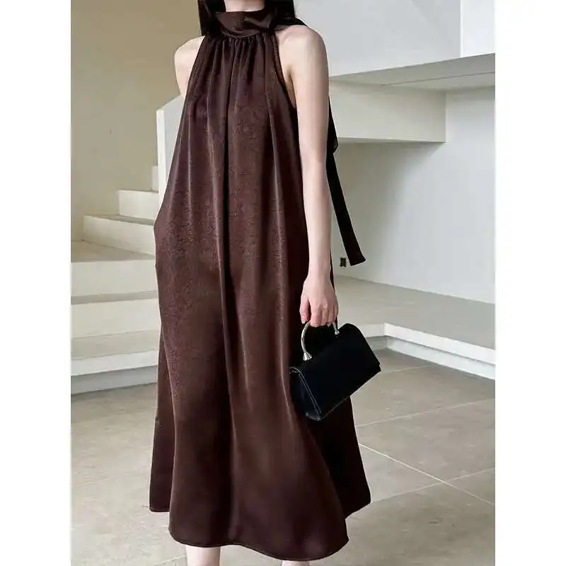 

Casual French Solid Color Imitation Acetate Satin High End Feeling Hanging Neck Dress Temperament Over Knee Tank Top Dress Long