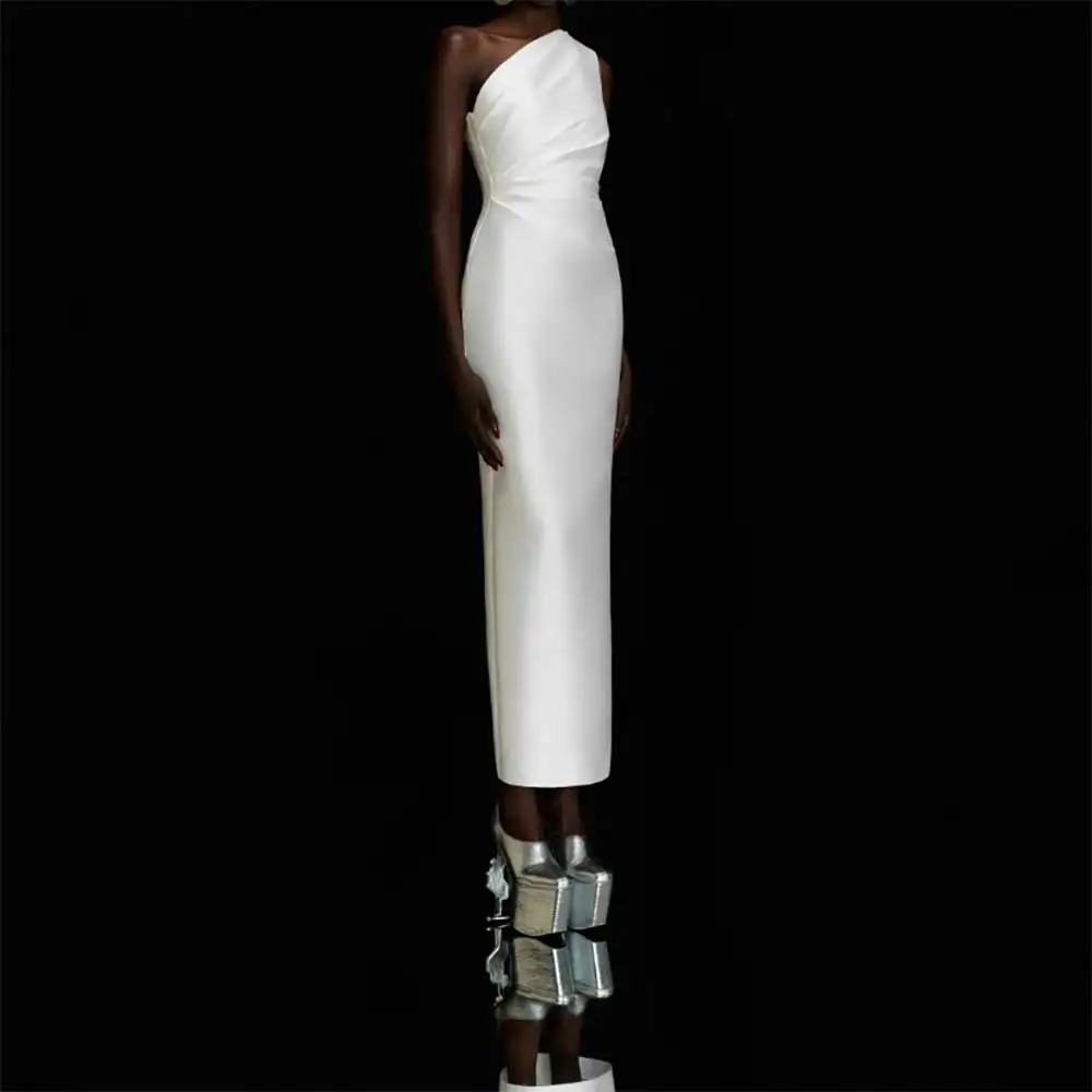 

Sexy Single Shoulder Sleeveless Pleated Straight Evening Dress for Women Floor Length Backless Prom Party Dresses