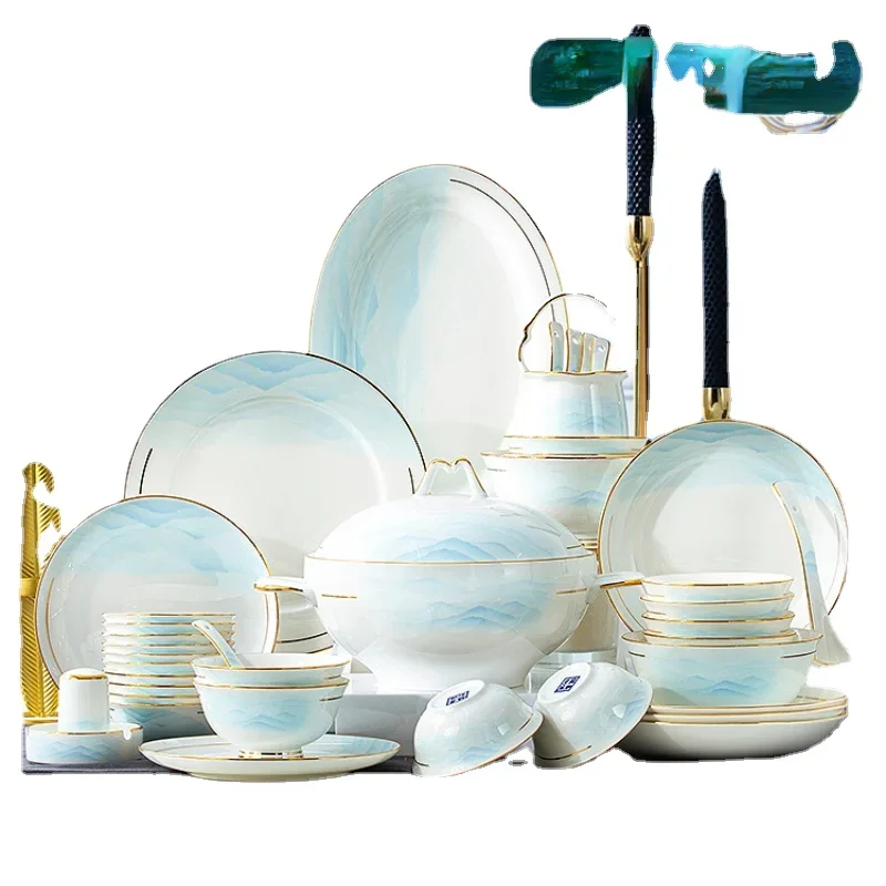 Good-looking Bowl and Dish Set Light Luxury High-End Housewarming Gift Ceramic Bowl and Plate Jingdezhen Bone China Tableware