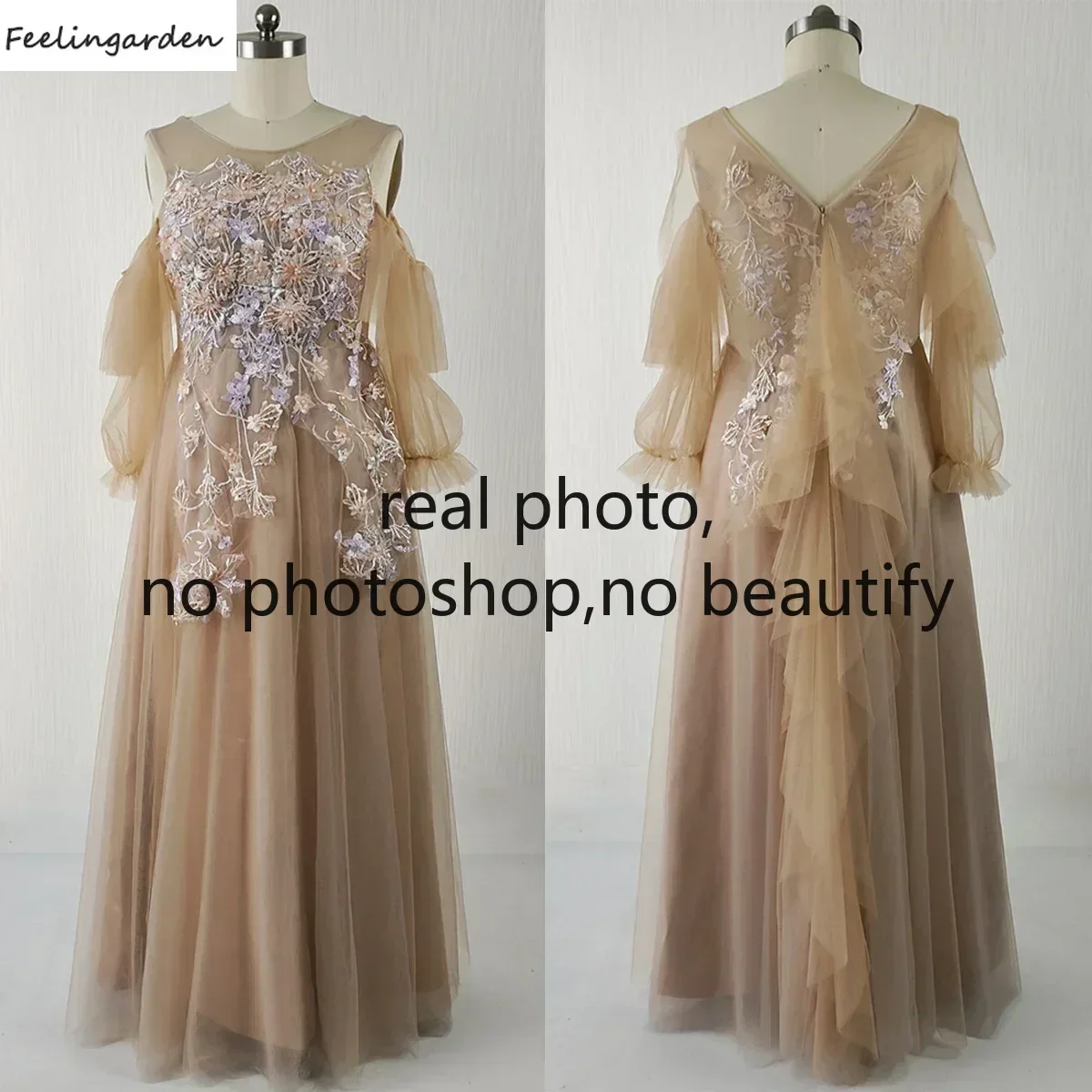 Feelingarden Customized Real Photo Evening Dress Khaki Ruffles O-neck Long Sleeves A-line Floor Length Plus size Lady Party Gown