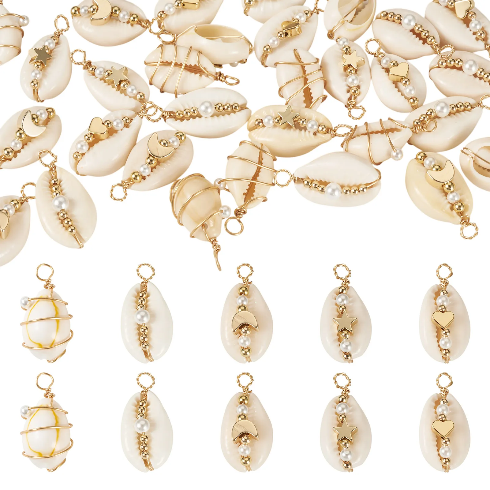 

30Pcs Natural Cowrie Shell Copper Wire Wrapped Pendants Shell Shape Charms with Round Shell Pearl Mixed Shapes for DIY Jewelry