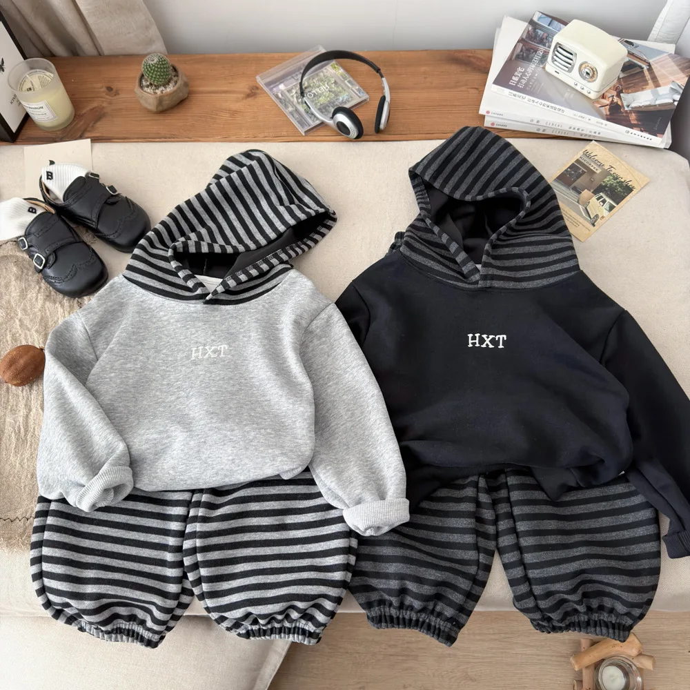 Korean Style Striped Kids Hoodies Set Autumn Letter Print Top+Pants 2 Pcs Set for Boys and Girls Outdoor Children Clothes Suit