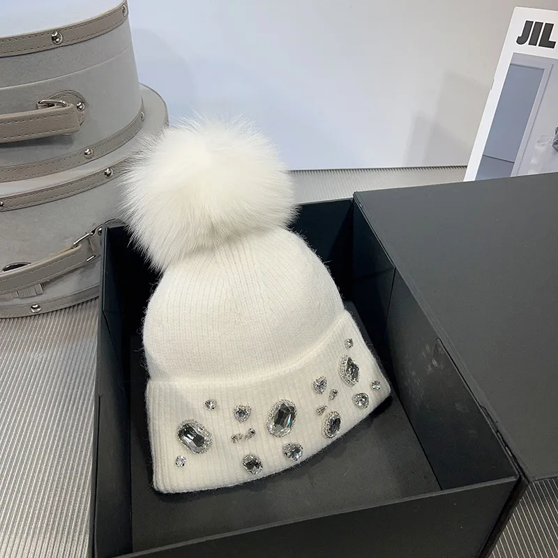 Women Thick Warm Cap For Women Autumn Winter Alloy diamond Fur Knitted Beanies Hat With Detachable Real Fox Fur Pom Poms