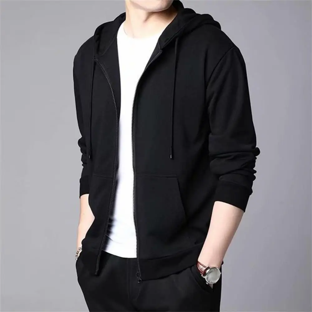 Spring Auutmn Men Coat Hooded Drawstring Zipper Closure Solid Color Elastic Cuffs Loose Sport Coat Thick Plush Outerwear for Var