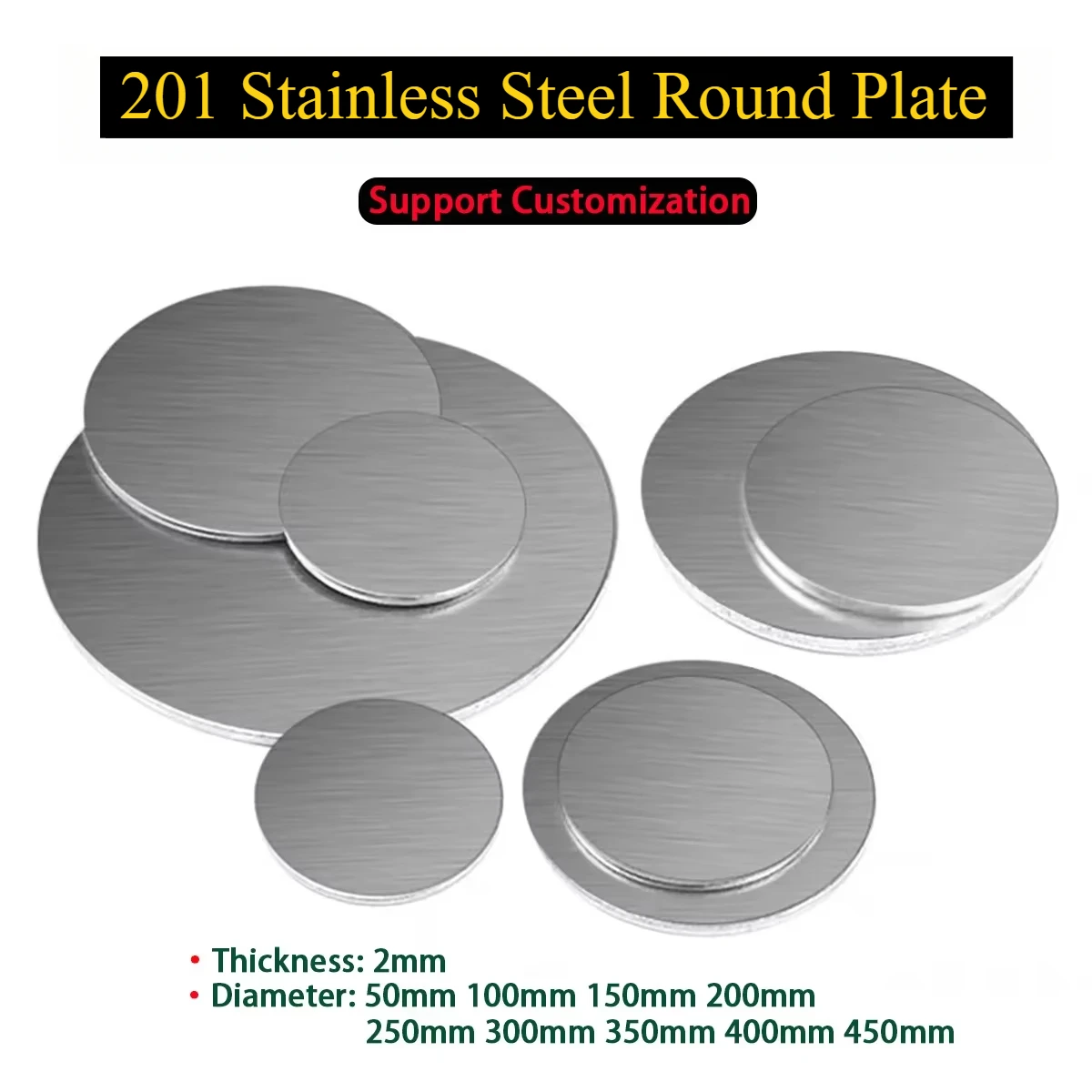 

201 Stainless Steel Round Plate Round Disk Circular Sheet Steel Disc Dia 50mm - 350mm Thickness 2.0mm