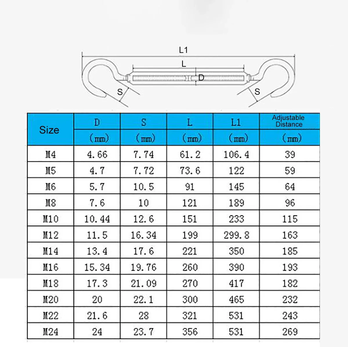 1pcs 316 Stainless Steel Hook M4 M5 M6 M8 M10 M12 M14 A4 Hook Turnbuckle Wire Rope Tension Tightener