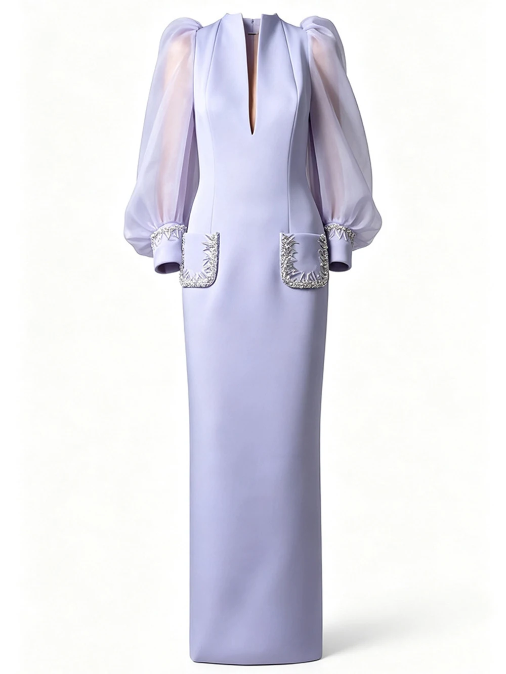 Modphy Sexy V Neck Puff Sleeves Diamond Beading Maxi Dress Women Long Sleeves Crystal Slim Dresses Evening Party Cocktail Gowns