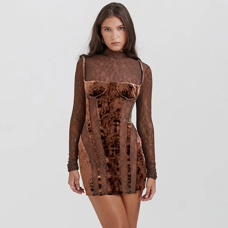 

High Neck Lace Long Sleeve Hollow Color Contrast Slim-fit dress Summer New Elegant High-end Skirt