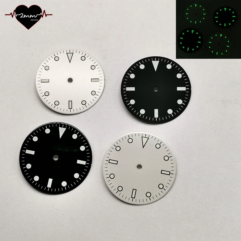 قرص ساعة فارغ لحركة NH36 NH35 28.5 ملم لامع أبيض وأسود وجه ساعة أسود مؤشر 12 ساعة لوم C1 أخضر