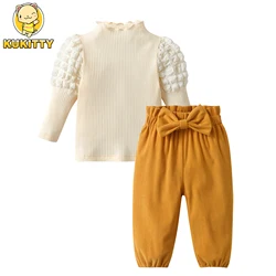 Toddler Baby Girl Princess Clothes Set Solid Yellow Cotton Long Sleeve Top and Bowknot Pants Kids Outfit for Girls