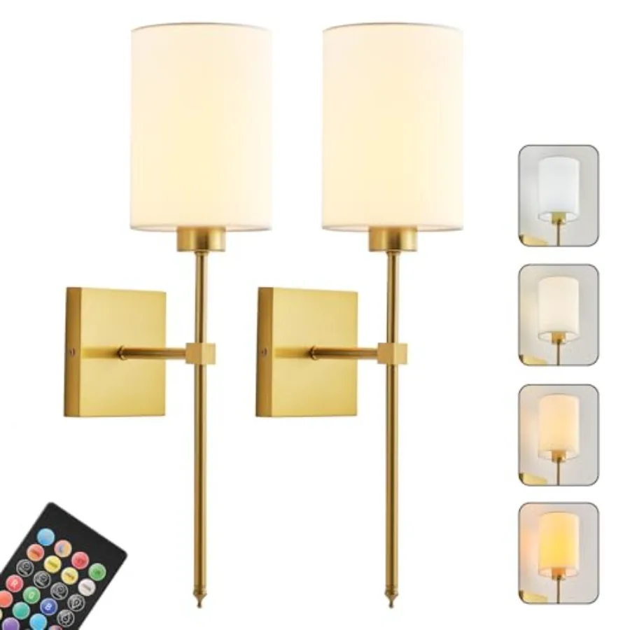 

Battery Operated Wall Sconce Set of Two Wireless Rechargeable Wall Light with Remote Control Dimmable 4 Color Temperatures RGB