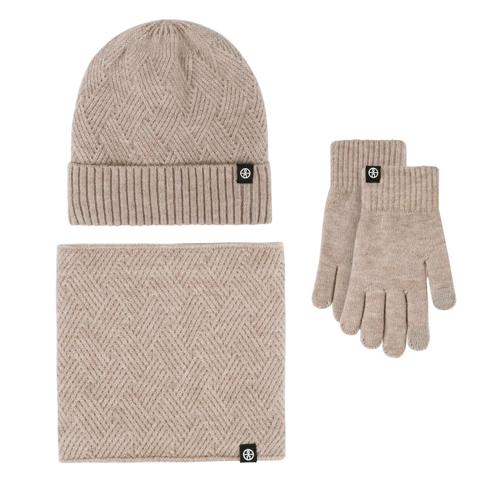 3pcs Hat Scarf Gloves Set Winter Thickened Double Layer Fleece-lined Beanies Hat Short Scarf Snood Gloves Touch Screen