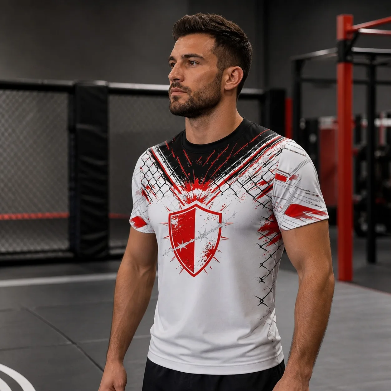 Men Hardcore Wrestling Tee Barbed Wire Shield Cage Full Print Athletic Short Sleeve Top