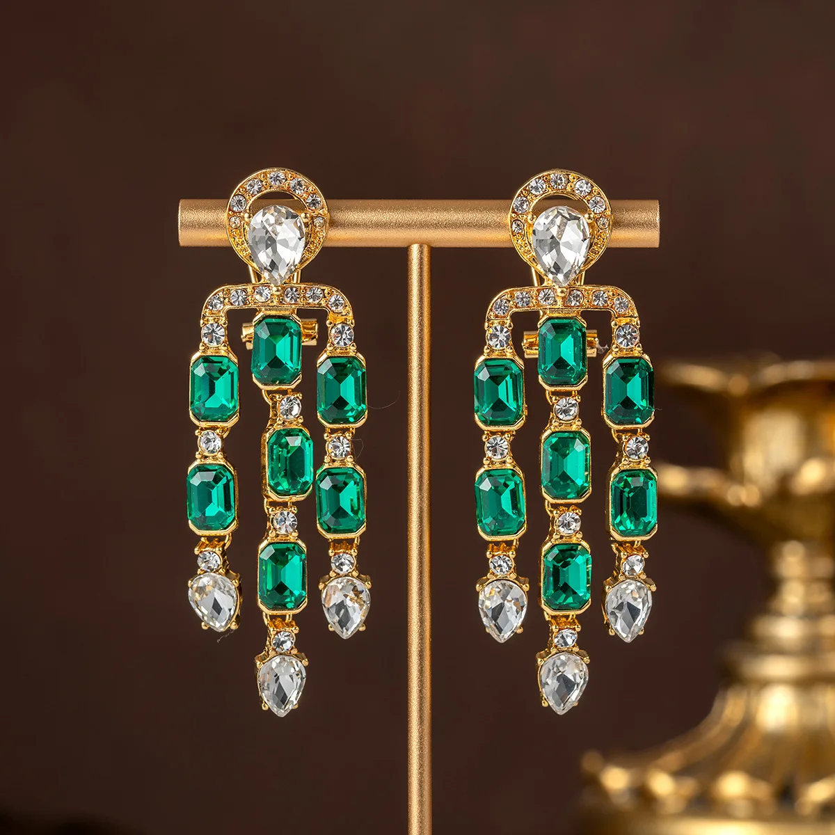 vintage emerald sugar cube long tassel earrings elegant temperament earrings diamond medieval earrings