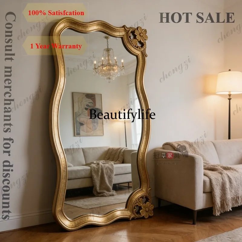 

E182 French retro, full body, home floor-to-ceiling carved fitting mirror, wall-mounted European classical full-length mirror