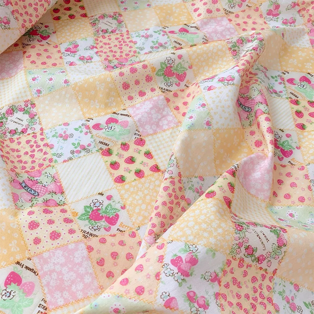 145cm Wide Strawberry Flowers Puzzle Cotton Fabric Patchwork Sewing Quilting Needlework Cloth Sewing Summer Dress Bedding Sheet