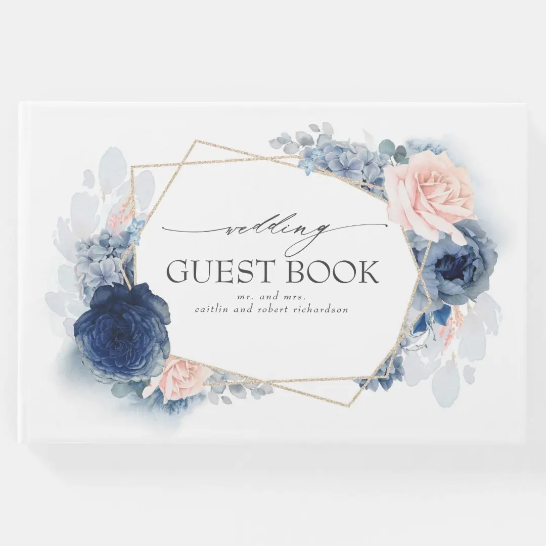 Blue & Blush & Pink Watercolor Flowers Elegant Wedding Guest Book, Signature Book for Wedding, Gift, Event & Party