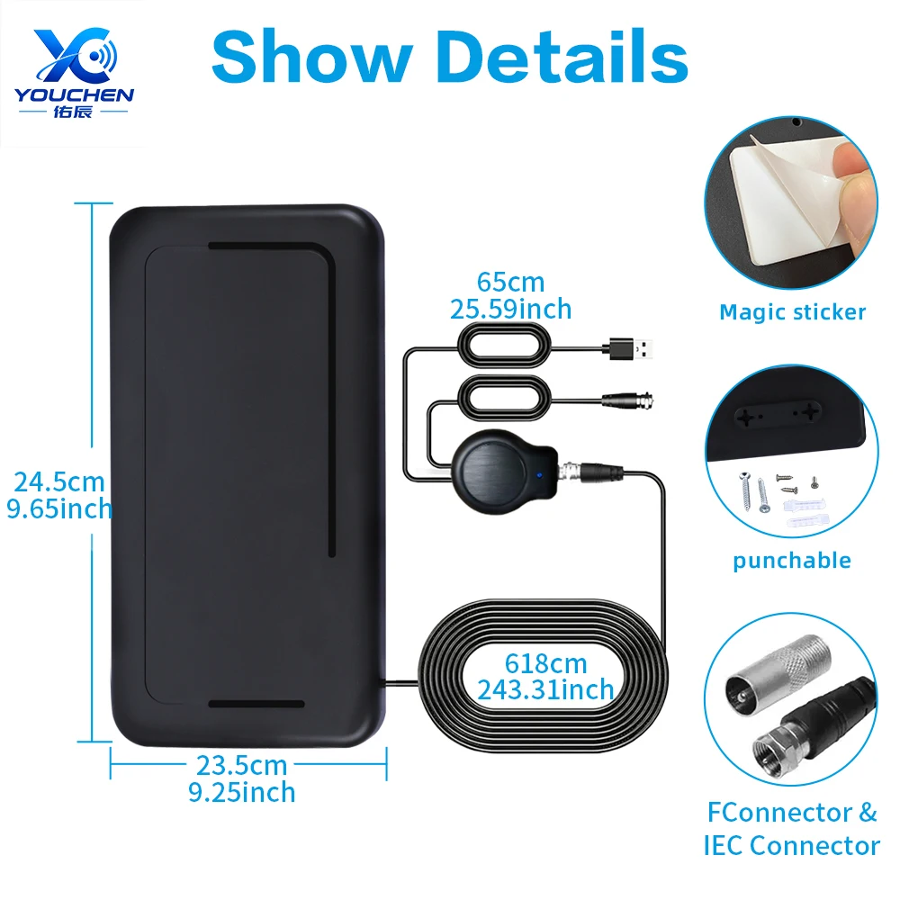 Long Range 30 DBi High Gain Indoor Vertical Polarized F Male/Gift Connector Amplified Digital 4K 1080P DVB-T TV Antenna