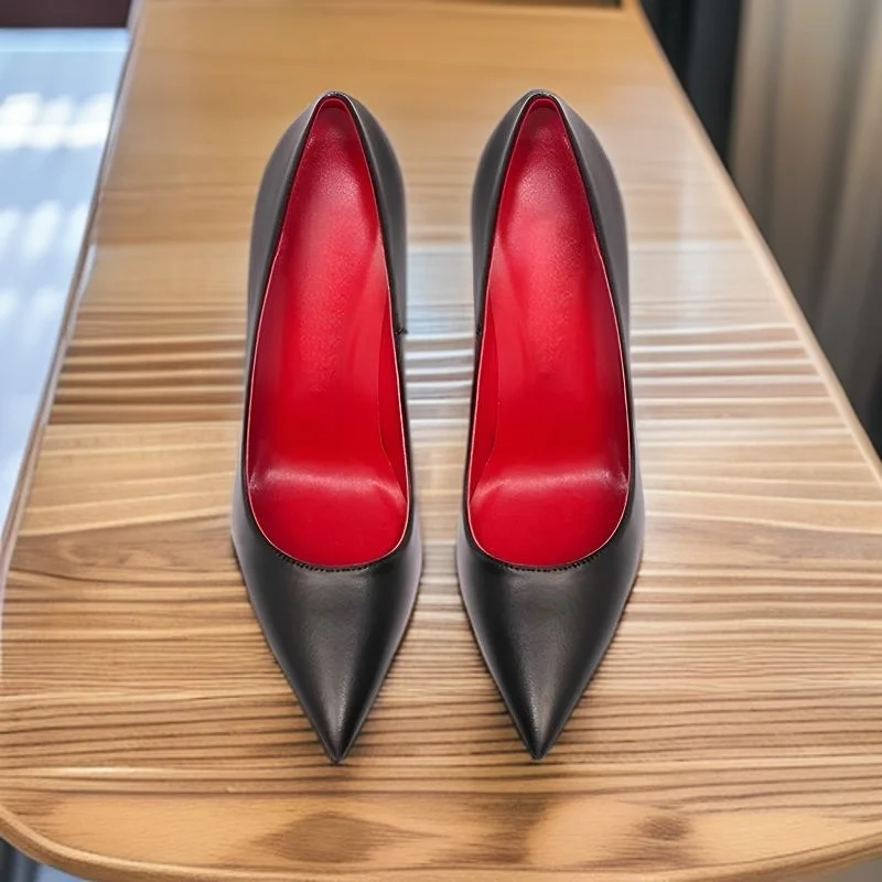 Light nude black matte leather with pointed 12cm ultra-fine heel high heels, fashionable and versatile professional shoes